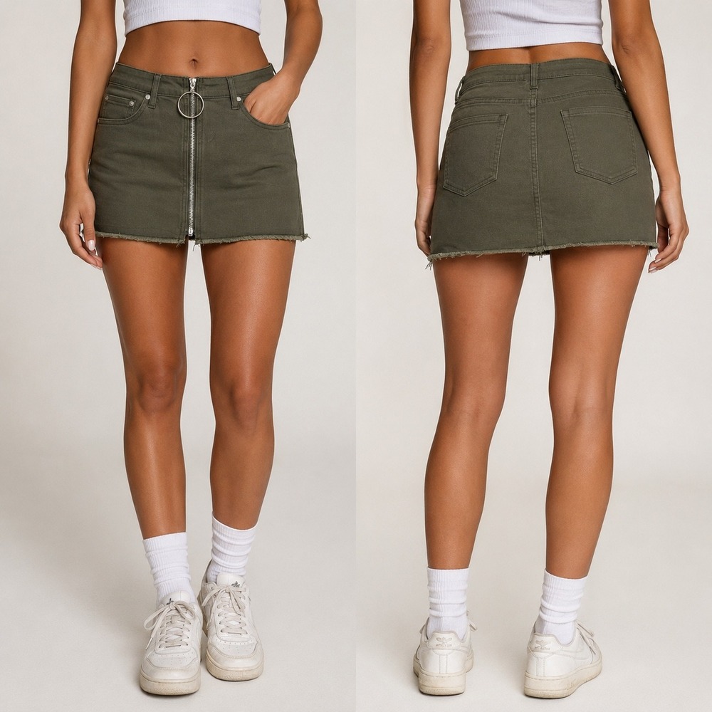 Y2K Women's Monkey Ride Jeans mini skirt, LARGE, O-Ring, zip raw hem, grunge